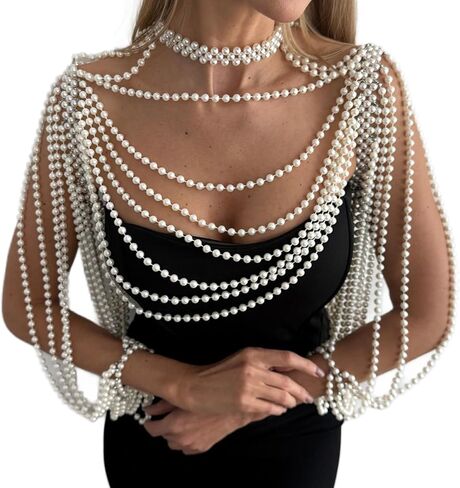 Multi-Layered Pearl Shoulder Body Chain for Women,White Pearl Fringe Shawl Necklace,Summer Beach Beaded Tassel Shoulder Jewelry for Wedding Prom Party Dresses in Kuwait