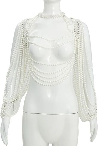 Multi-Layered Pearl Shoulder Body Chain for Women,White Pearl Fringe Shawl Necklace,Summer Beach Beaded Tassel Shoulder Jewelry for Wedding Prom Party Dresses in Kuwait
