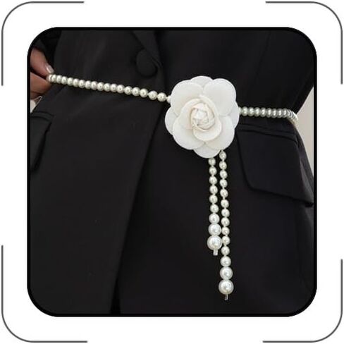 Pearl Belt for Dresses Floral Waist Chain for Women Bohemian Pearl Skinny Belt Camellia Pearls Necklaces Prom Dresses Outfits Accessories for Women in Kuwait