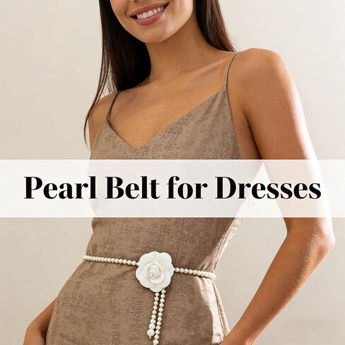Pearl Belt for Dresses Floral Waist Chain for Women Bohemian Pearl Skinny Belt Camellia Pearls Necklaces Prom Dresses Outfits Accessories for Women in Kuwait