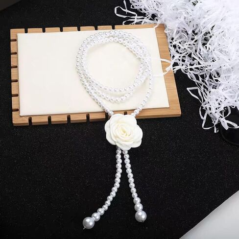 Pearl Belt for Dresses Floral Waist Chain for Women Bohemian Pearl Skinny Belt Camellia Pearls Necklaces Prom Dresses Outfits Accessories for Women in Kuwait
