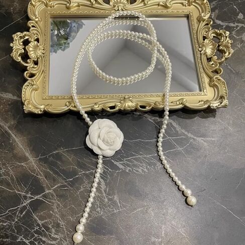Pearl Belt for Dresses Floral Waist Chain for Women Bohemian Pearl Skinny Belt Camellia Pearls Necklaces Prom Dresses Outfits Accessories for Women in Kuwait