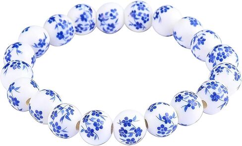 Dreuyet Women Porcelain Beads Bracelet Elegant Ethnic Style Blue and White Ceramic Beaded Bracelets Handmade Vintage Sunflower Geometric Round Bracelet Gift in Kuwait