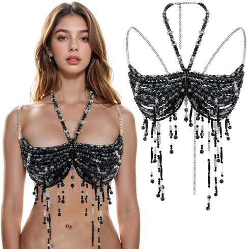 Dark style Handmade Beaded Bikini, sexy Body Chain, Body Jewelry for Women,Beach Wear Bra for Rave in Saudi Arabia