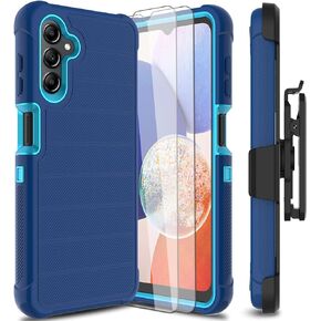 for Samsung Galaxy A14 5G Phone Case with Tempered Glass Screen Protector, [Holster Series] Belt Clip Hard Tough Full Heavy Duty Rugged Military Shockproof Armor Cell Phone Cover (Black)