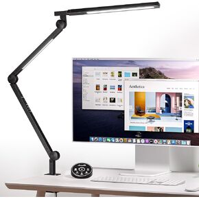 Desk Lamp, Desk Light with Clamp, Stepless Dimming & Adjustable Color Temperature Modern Eye-Caring Architect Lamp with Memory & Timing Function for Study, Work, Home, Office, 15W
