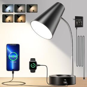 RUNTOP Desk Lamp, Black Desk Lamps for Home Office, LED Desk Light with USB Port and Type C Port, 5 Brightness Levels, 5 Color Temperatures, Flexible Gooseneck Desk Lamp, Table Lamp for Reading Study