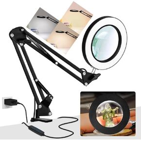10X Magnifying Glass with Light, KUVRS 1,800 Lumen 3 Color Stepless Dimming, 4.2 Inch Real Glass Lens LED Lighted Magnifier, Adjustable Swing Arm with Clamp Desk Lamp for Craft Repair Crochet Puzzles