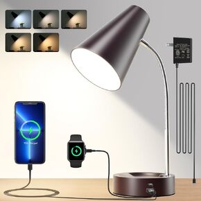 مصباح مكتب RUNTOP، مصابيح مكتب سوداء للمكتب المنزلي، مصباح مكتب LED مع منفذ USB ومنفذ من النوع C، 5 مستويات سطوع، 5 درجات حرارة ألوان، مصباح مكتب مرن معقوفة، مصباح طاولة لدراسة القراءة