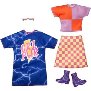 Barbie Fashions 2-Pack Clothing Set, 2 Outfits for Barbie Doll Includes Off-The-Shoulder Butterfly Print Dress, Butterfly Tank & Blue Shorts & 2 Accessories, Gift for Kids 3 to 8 Years Old