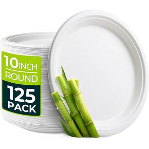 Hihomry Compostable Heavy Duty Paper Plates 10 Inch, Disposable White Plates Biodegradable, 10 In Dinner or Party Large Paper Plate Bulk, Eco-Friendly Sugarcane Paperplates [125-Pack]