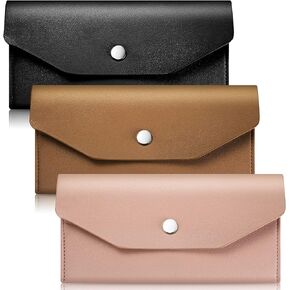 3 Pieces Leather Cash Envelopes Wallet Budget Envelope Wallet Bag Waterproof Flat Wallet Metal Snap Reusable Envelopes Purse for Cash Cards Women Girls Wedding Birthday (Black, Camel Pink)