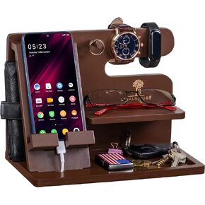 Wood Phone Docking Station for Men Luxury Wooden Nightstand Organizer for Men Graduation Anniversary Idea Birthday Gifts for Men Husband Bamboo Universal Docking Station