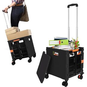 Rolling Crate Utility Cart Collapsible Tote Basket Teacher Cart with Lid Wear-Resistant Noiseless 360°Rotate Wheel Telescoping Handle for Trave Moving Luggage Use(Black,110lbs)