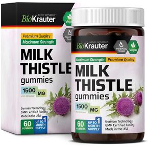 Milk Thistle Gummies - Silymarin Liver Cleanse, Detox & Repair Supplement - Milk Thistle Seed 4:1 Extract - 1500 mg Strength - 60 Vegan Gummies Gelatine-Free Formula