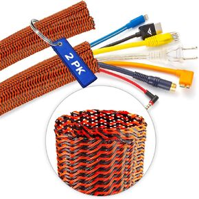 Cable Management Wire Loom 10ft -1/2 inch, Cable Sleeve Split Tubing, Cord Covers for Wires on Floor, Cord Protectors from Pets Chewing Cables, Black & Orange (2 Pack)