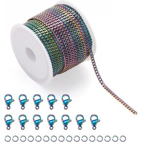 Magibeads 16.4 Feet Stainless Steel Curb Rainbow Chain Colorful Twisted Links Cable Necklace Chains with Lobster Claw Clasps Jump Ring 4x3x0.8mm for Bracelets Jewelry Making Choker DIY Cowboy Decor
