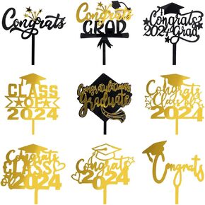 Ylapagne 9 Pack Graduation Cake Toppers Black Gold Acrylic GRAD 2024 Design Table Centerpiece Sticks for Party Cake Decorations Supplies
