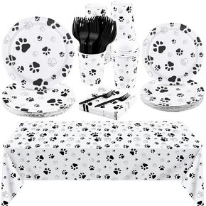 durony 121 Pieces Pink Paw Print Party Supplies Dog Birthday Tablecloth, Plates, Napkins, Forks and Paper Cups Decorations for Puppy Theme Party Supplies