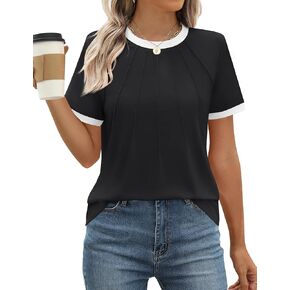 ZESICA Women's Casual Short Sleeve Pleated Shirts 2024 Summer Dressy Crewneck Color Block Tops