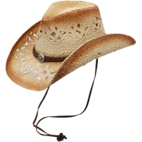 Raffia Straw Cowboy Western Sun Hat, Chin Strap, Silver Canyon, Natural