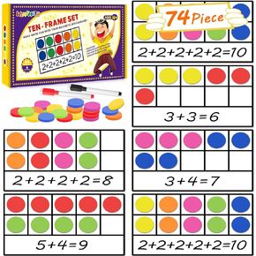 Magnetic Ten-Frame Set - Math Manipulatives Games for Elementary Kindergarten, 6 Ten Frames & 66 Magnetic Math Counters Toys for Boy & Girls, Fun Children's Gift STEM Learning Educational Number Toy