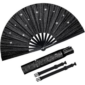 Fumwase Glitter Large Rave Fan Rave Hand Fan for Men Women Rave Accessories for Women with Leg Strap and Fabric Case Bag for Music Festival Weddings Performance Decoration