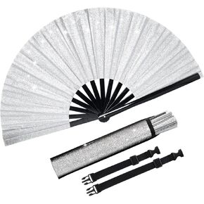 Fumwase Glitter Large Rave Fan مروحة اليد للرجال والنساء ملحقات الهذيان للنساء مع حزام الساق وحقيبة قماش لمهرجان الموسيقى وحفلات الزفاف وتزيين الأداء