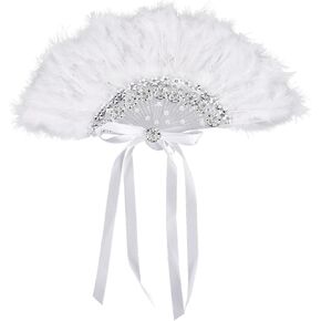 DECHOUS Handheld Feather Fan 20s Vintage Folding Fan Flapper Hand Fan Rhinestone Bridal Feather Bouquet for Halloween Costume Dancing Show Tea Party Wedding Feather Fan Decoration