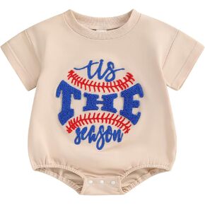 Baby Boy Girl Baseball Outfit Tis The Season Embroidery T-Shirt Romper Oversized Short Sleeve Bubble Bodysuit