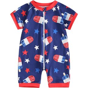 Lamuusaa Unisex Baby Girl Boy 4th of July Outfit Short Sleeve American Flag Romper Zipper Bodysuit Jumpsuit 0-18M