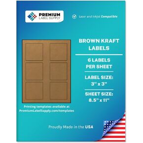 Premium Label Supply Brown Kraft Sticker Square Labels – 3" x 3" – Laser/Inkjet Compatible – (6 per Sheet), 25 Sheets – 150 Total Adhesive Labels