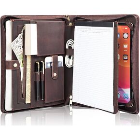 AZXCG Premium Genuine Leather Vintage Portfolio Organizer, Business Resume Zippered Padfolio Folder for A4 Letter Size Notebook, Tablet Padfolio Compatible with iPad 12.9", Unisex Gift, Brown
