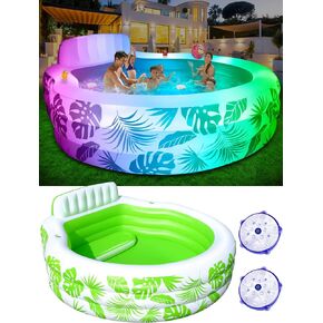 Inflatable Pool with Pool Lights, Oversized Thickened Blow Up Pool with Seat, Family Inflatable Pool for Audlts, 90"x90"x24" Large Inflatable Kids Pools for Backyard, Kiddie Pool Outdoor
