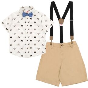 Disney Mickey Mouse Infant Baby Boys Button Down Shirt Twill Shorts Suspenders and Bow-Tie 4 Piece Outfit Set 18 Months