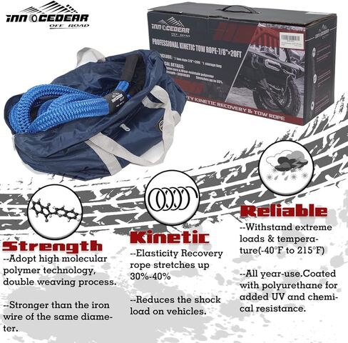 Innocedear 7/8"×20ft حزام حبل الاسترداد والسحب، حبل الطاقة الحركية، حبل خطف ممتد للطرق الوعرة، حبل استعادة المركبات الثقيلة، لسيارة جيب شاحنة ATV UTV SUV in Kuwait