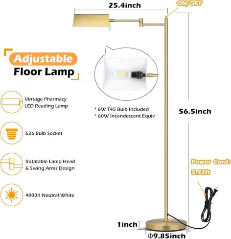 مصباح أرضي للقراءة من Mlambert، مصباح صيدلية LED مع ذراع متأرجح، مصباح قائم قابل للتعديل برأس دوار، قاعدة E26، مصباح زاوية لغرفة المعيشة، الخياطة (نحاس) in Kuwait