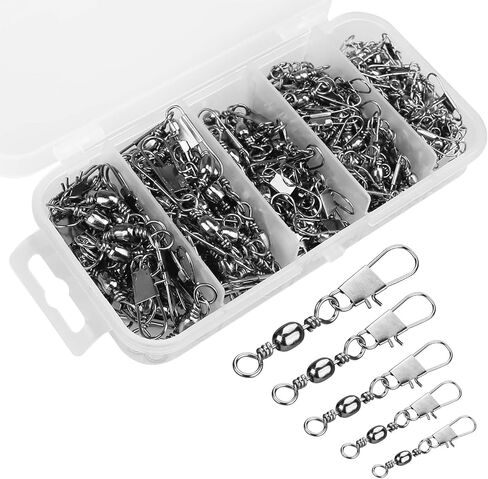 Yeahmart Fishing Swivels 200PCS Barrel Snap Swivel Fishing Accessories, Fishing Tackle Gear Equipment with Swivels Snaps Connector Kit for Quick Connect Fishing Lures, Size 2#4#6#8#10 in Kuwait