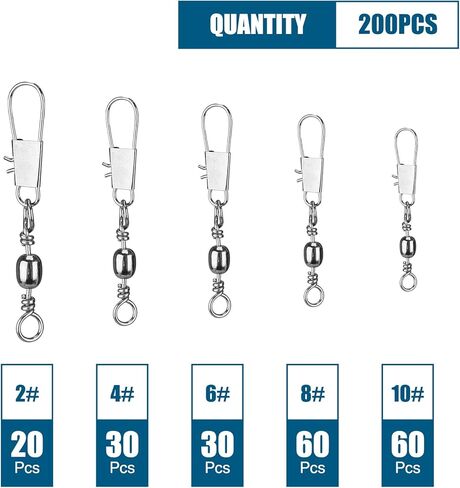 Yeahmart Fishing Swivels 200PCS Barrel Snap Swivel Fishing Accessories, Fishing Tackle Gear Equipment with Swivels Snaps Connector Kit for Quick Connect Fishing Lures, Size 2#4#6#8#10 in Kuwait