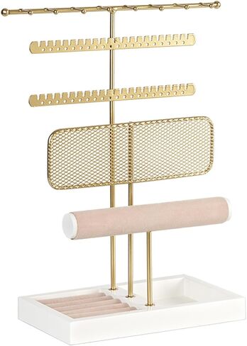 حامل مجوهرات، منظم حامل مجوهرات مع صينية مخملية، حامل حلقات وقلادة وأقراط، لون ذهبي in Kuwait