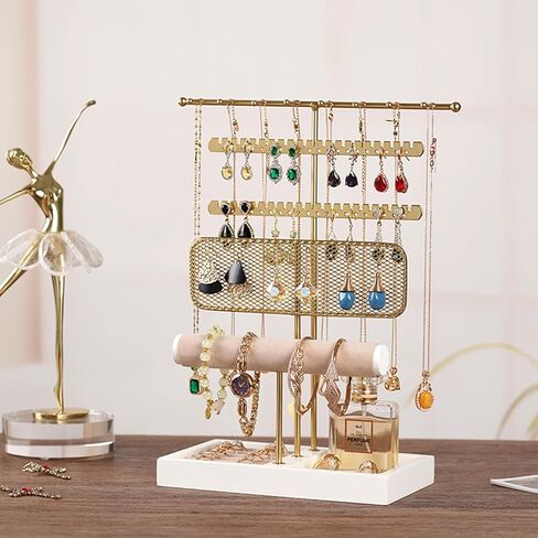 حامل مجوهرات، منظم حامل مجوهرات مع صينية مخملية، حامل حلقات وقلادة وأقراط، لون ذهبي in Kuwait