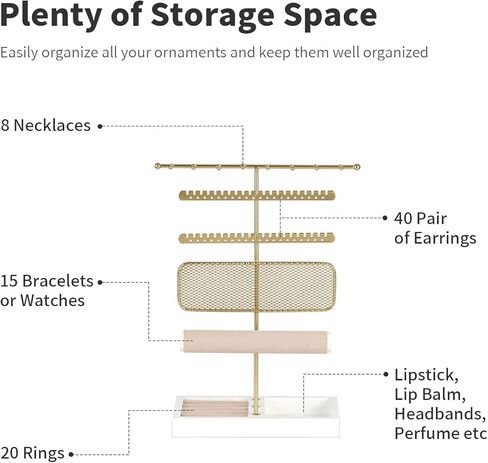 حامل مجوهرات، منظم حامل مجوهرات مع صينية مخملية، حامل حلقات وقلادة وأقراط، لون ذهبي in Kuwait