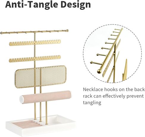حامل مجوهرات، منظم حامل مجوهرات مع صينية مخملية، حامل حلقات وقلادة وأقراط، لون ذهبي in Kuwait