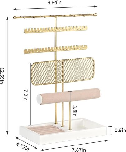 حامل مجوهرات، منظم حامل مجوهرات مع صينية مخملية، حامل حلقات وقلادة وأقراط، لون ذهبي in Kuwait
