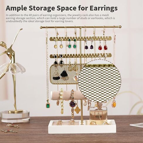 حامل مجوهرات، منظم حامل مجوهرات مع صينية مخملية، حامل حلقات وقلادة وأقراط، لون ذهبي in Kuwait