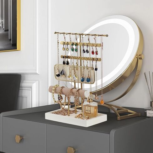 حامل مجوهرات، منظم حامل مجوهرات مع صينية مخملية، حامل حلقات وقلادة وأقراط، لون ذهبي in Kuwait