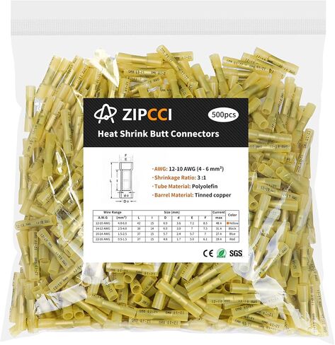 500 قطعة من موصلات المؤخرة المنكمشة بالحرارة الصفراء من ZIPCCI لأسلاك المقطورة البحرية والسيارات والكهربائية - تتضمن وصلة المؤخرة وموصلات تجعيد للأسلاك in Saudi Arabia