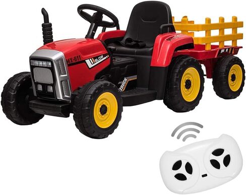 12V Ride on Tractor with Trailer & Remote Control,Speed Up to 5mph, Toddler Electric Vehicle Car with LED Headlights,2+1 Gear Shift,MP3 Player,USB for 3-6 Years Kids (25W,Red) in Saudi Arabia