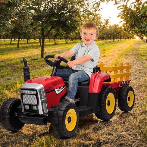 12V Ride on Tractor with Trailer & Remote Control,Speed Up to 5mph, Toddler Electric Vehicle Car with LED Headlights,2+1 Gear Shift,MP3 Player,USB for 3-6 Years Kids (25W,Red) in Saudi Arabia