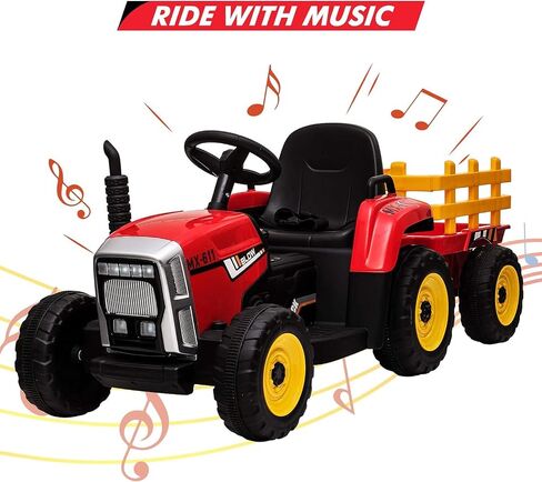 12V Ride on Tractor with Trailer & Remote Control,Speed Up to 5mph, Toddler Electric Vehicle Car with LED Headlights,2+1 Gear Shift,MP3 Player,USB for 3-6 Years Kids (25W,Red) in Saudi Arabia